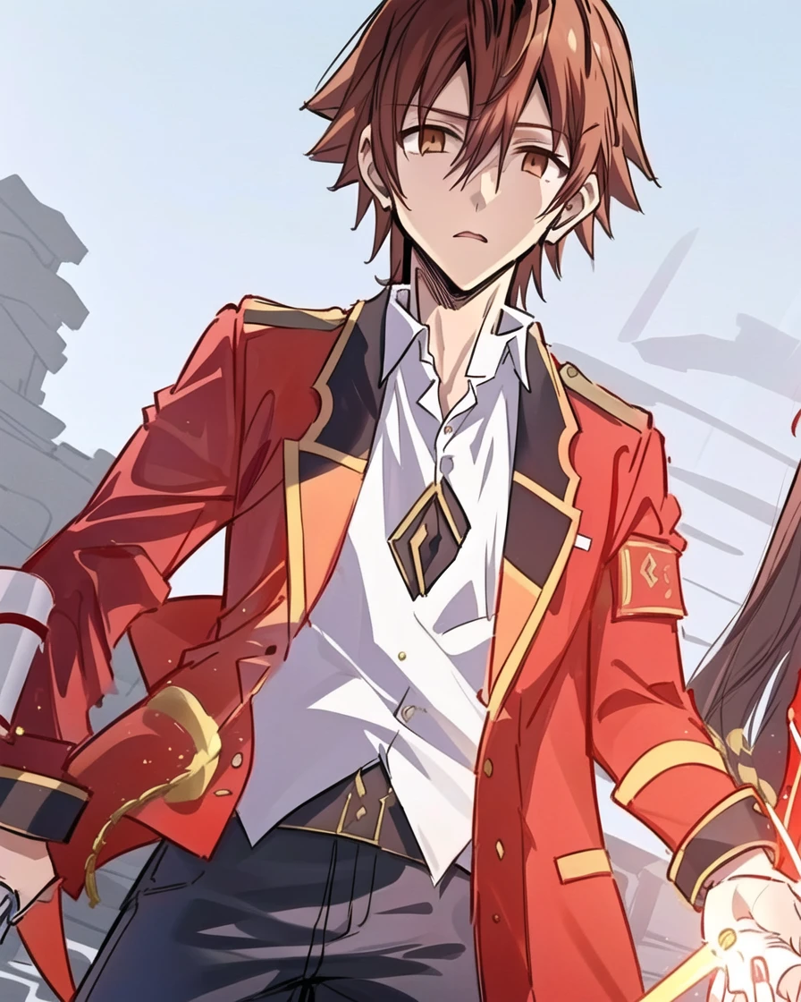 Lambert, solo, 1boy, male focus, shaded face, looking at viewer, booru, pants holding magic items, red jacket, school uniform, 
<lora:wataoshi_EP01to10-loha-bundle-30000:1:1>, <lora:kohakuV5_rev2:0.5>, <lora:kohaku-v3-rev2:0.3>