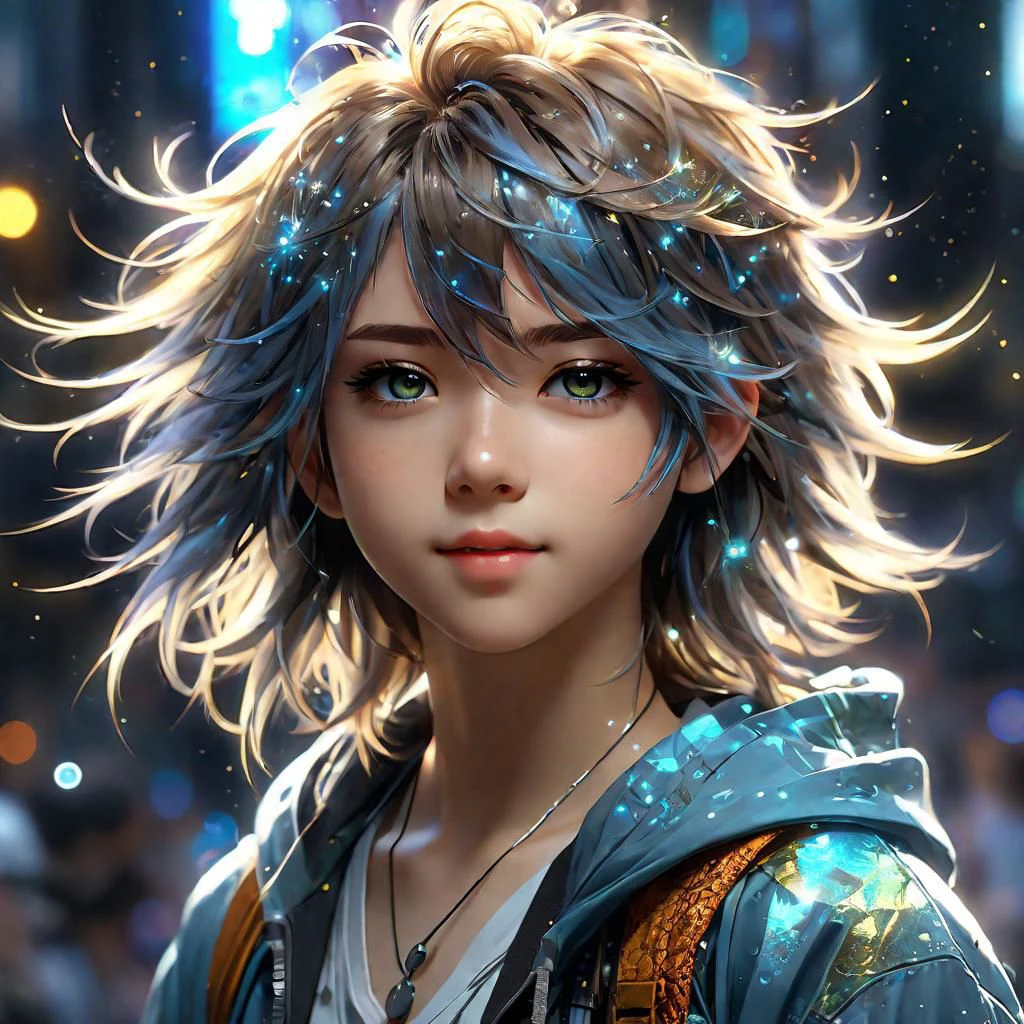 Shoulder length messy long shine hair, happy, Full body, Beautiful anime waifu style boy, hyperdetailed painting, luminism, art by Carne Griffiths and Wadim Kashin concept art, 4k resolution, fractal isometrics details bioluminescence , 4d render, octane render, intricately detailed , cinematic, trending on artstation Isometric Centered hyperrealistic cover photo awesome full color, hand drawn , gritty, realistic mucha , hit definition , cinematic, on paper, ethereal background, abstract beauty,stand, approaching perfection, pure form, golden ratio, minimalistic, unfinished, concept art, by Brian Froud and Carne Griffiths and Wadim Kashin and John William Waterhouse, intricate details, 8k post production, high resolution, hyperdetailed, trending on artstation, sharp focus, studio photo, intricate details, highly detailed, by greg rutkowski