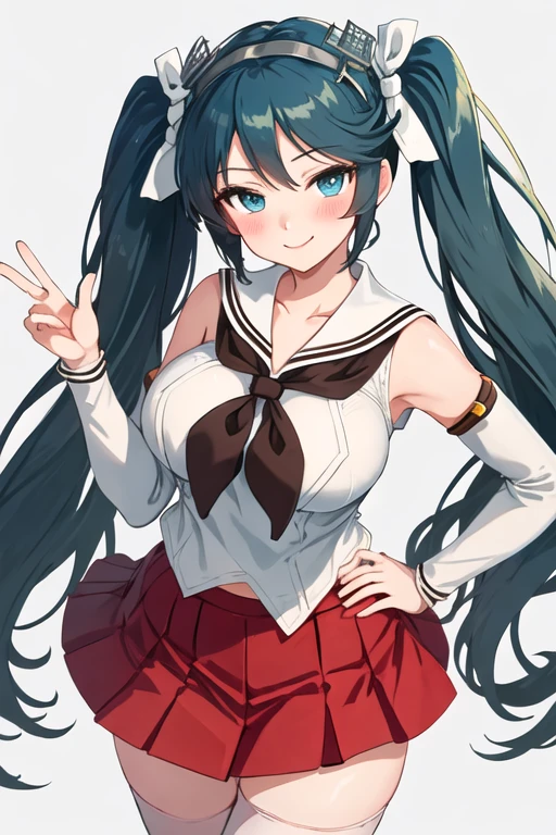 best quality, masterpiece, highres, solo, {isuzu_kantaicollection:1.15}, long_hair, twintails, ribbon, breasts, hair_ribbon, blue_hair, large_breasts, blue_eyes, blush, green_eyes, 1girl, detached_sleeves, looking_at_viewer, neckerchief, pleated_skirt, red_skirt, sailor_collar, school_uniform, serafuku, simple_background, skirt, sleeveless, white_sailor_collar, thighhighs, white_thighhighs, brown_neckerchief, cowboy_shot, grey_background, red_neckerchief, smile