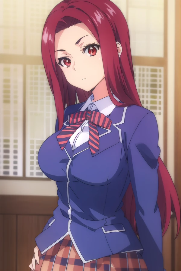 ryoukosakaki, <lora:ryouko sakaki s1-lora-nochekaiser:1>,
ryouko sakaki, long hair, (red eyes:1.3), red hair, (forehead:1.2),
BREAK bow, school uniform, striped, bowtie, blazer, striped bowtie, blue blazer, brown skirt, plaid skirt, plaid,
BREAK indoors, kitchen,
BREAK looking at viewer, (cowboy shot:1.5),
BREAK <lyco:GoodHands-beta2:1>, (masterpiece:1.2), best quality, high resolution, unity 8k wallpaper, (illustration:0.8), (beautiful detailed eyes:1.6), extremely detailed face, perfect lighting, extremely detailed CG, (perfect hands, perfect anatomy),