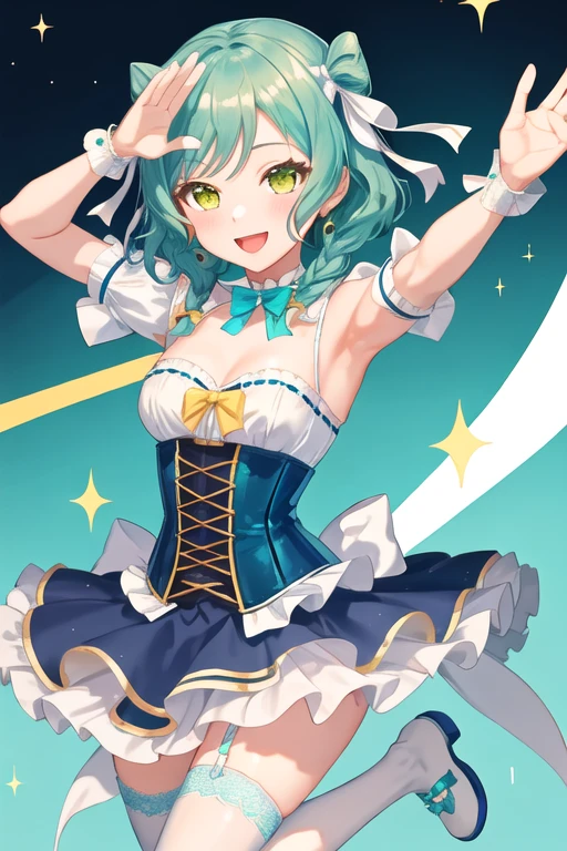 best quality, masterpiece, highres, solo, {hikawa_hina_bangdream:1.15}, aqua_hair, green_eyes, short_hair, smile, bow, braid, blush, hair_bow, side_braids, twin_braids, open_mouth, bangs, 1girl, :d, \\o/, arms_up, choker, dress, hair_ribbon, outstretched_arms, ribbon, yellow_bow, ^_^, blue_bow, chibi, closed_eyes, short_sleeves, white_ribbon, armpits, blue_dress, blue_ribbon, frills, aqua_background, blue_footwear, clenched_hands, corset, detached_sleeves, full_body, white_thighhighs, wrist_bow