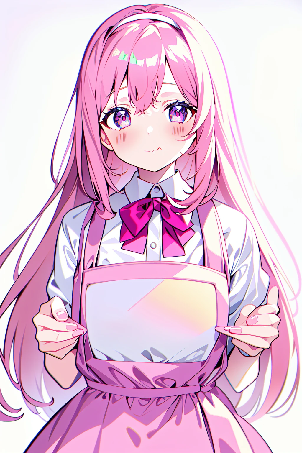 Masterpiece, best quality, 8k resolution, Light Color, (smooth light), 1 girl, eating cake, long hair,catears, Light Hair, pink bow on head, wearing suspenders, holding doll, ((white background))