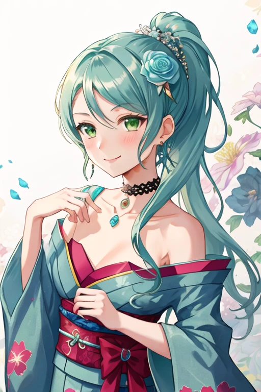 best quality, masterpiece, highres, solo, {hikawa_sayo_bangdream:1.15}, green_eyes, aqua_hair, long_hair, bangs, blush, jewelry, 1girl, blue_flower, choker, collarbone, flower, hair_flower, hair_ornament, looking_at_viewer, bare_shoulders, hair_between_eyes, sidelocks, smile, dress, earrings, floral_background, gem, ponytail, strapless, upper_body, bow, floral_print, holding, japanese_clothes, sash