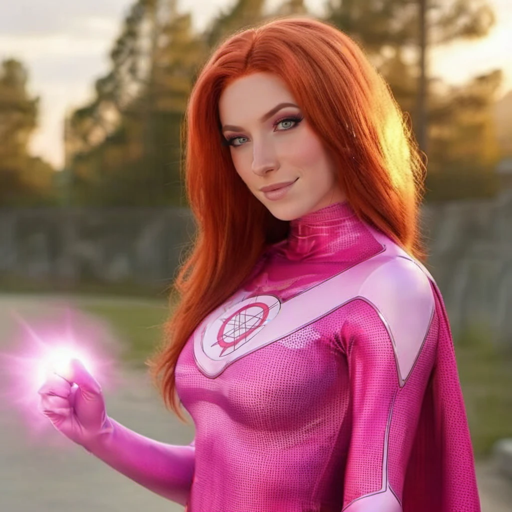 a woman, redhead big hair, pink superhero suit with a pink cape, forest background, dramatic pink ball lightning from hands, pink glowing fist, detailed eyes, highly detailed, photography, ultra sharp, film, bokeh, professional, 4k <lora:AtomEve1024:0.8> <lora:add-detail-xl:2>
