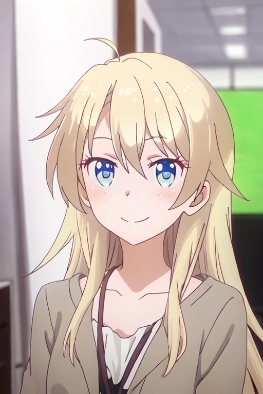 best quality, masterpiece, highres, solo, {yagami_kou_newgame:1.15}, blonde_hair, long_hair, blue_eyes, blush, collarbone, hair_between_eyes, ahoge, indoors, bangs, closed_mouth, smile, 1girl, blurry, blurry_background, looking_at_viewer, close-up, portrait, anime_coloring