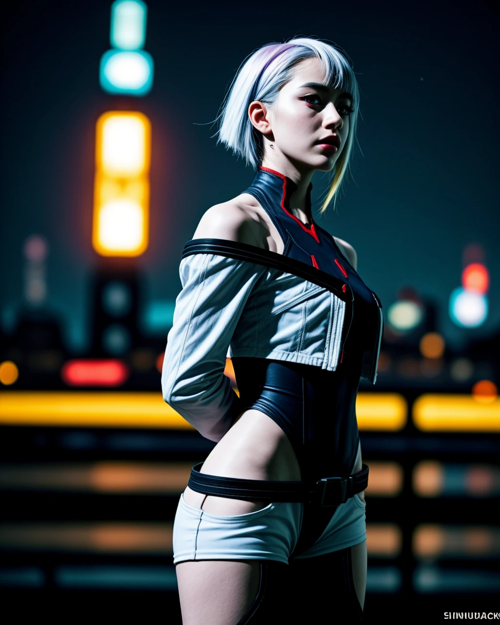 masterpiece, (photorealistic:1.4), best quality, beautiful lighting, (ulzzang-6500:0.5), lucy \(cyberpunk\), 1girl, white hair, against railing, arm rest, bangs, bare shoulders, belt, black belt, black leotard, black pants, blurry, bob cut, breasts, building, cityscape, clothing cutout, (cropped jacket), cyberpunk, depth of field, from side, gradient eyes, grey eyes, grey hair, white jacket, leotard, lips, long sleeves, looking afar, looking ahead, (mechanical parts), medium breasts, multicolored eyes, multicolored hair, night, night sky, off shoulder, open clothes, open jacket, outdoors, pants, parted lips, railing, red eyeliner, science fiction, short hair with long locks, short shorts, shorts, sidelocks, sky, solo, standing, teeth, thigh cutout, upper teeth only, white jacket, white shorts, cyberpunk \(series\), cyberpunk edgerunners, RAW photo, 8k uhd, film grain, cosplay, white wig, night, neon lights,,,, <lora:lucy_offset:1.21>
