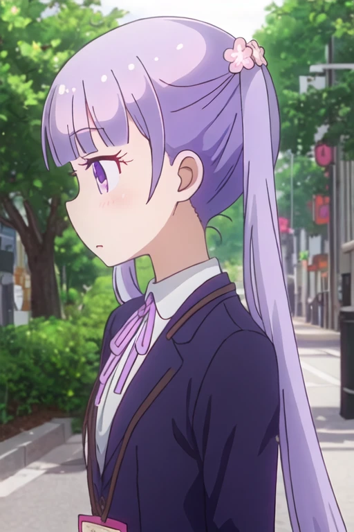 best quality, masterpiece, highres, solo, {suzukaze_aoba_newgame:1.15}, purple_hair, long_hair, twintails, purple_eyes, hair_ornament, flower, hair_flower, blush, ribbon, bangs, neck_ribbon, 1girl, profile, shirt, white_shirt, from_side, upper_body, jacket