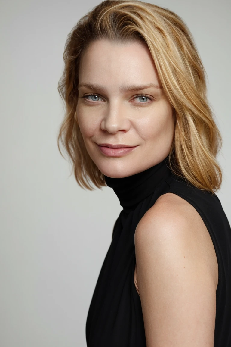 face closeup, portrait of a woman in a black sleeveless turtleneck, blond, smirk, simple white background, bold, bright colours, by Bill Gekas, (high detailed skin:1.1) <lora:laurie_holden_lora_v01:1> lauhol