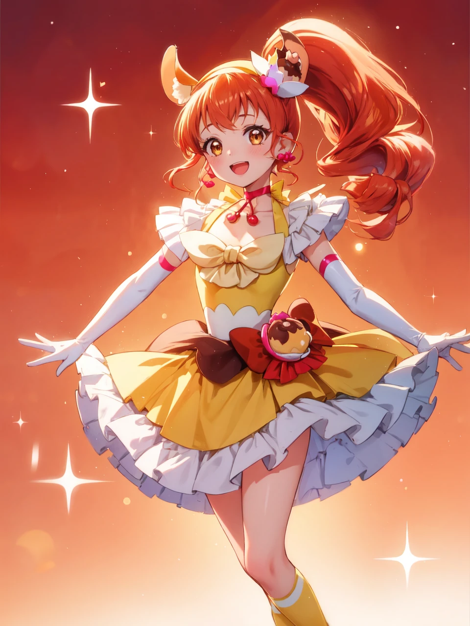 masterpiece, best quality, looking at viewer, depth of field, standing, open mouth, full body, 
1girl, <lora:locon_cure_custard_01:0.9>, cure custard, high ponytail, hair ornament, squirrel tail, hairband, squirrel ears, elbow gloves, kneehighs, choker, porch, earrings, 
smile, ((gradient background)), lens flare,