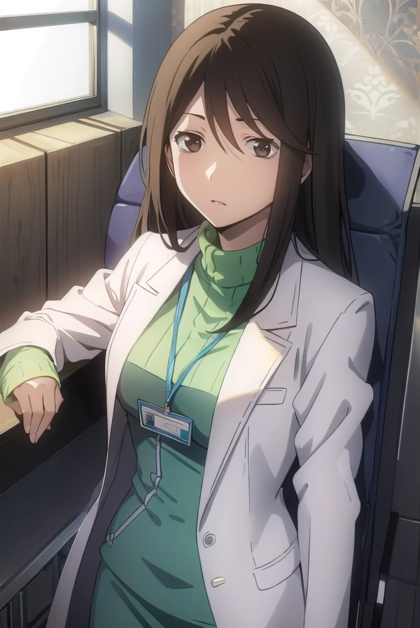 namieyagiri, <lora:namie yagiri s1-lora-nochekaiser:1>,
namie yagiri, long hair, black hair, (brown eyes:1.3),
BREAK sweater, turtleneck, labcoat, green sweater,
BREAK indoors, office,
BREAK looking at viewer, (cowboy shot:1.5),
BREAK <lyco:GoodHands-beta2:1>, (masterpiece:1.2), best quality, high resolution, unity 8k wallpaper, (illustration:0.8), (beautiful detailed eyes:1.6), extremely detailed face, perfect lighting, extremely detailed CG, (perfect hands, perfect anatomy),