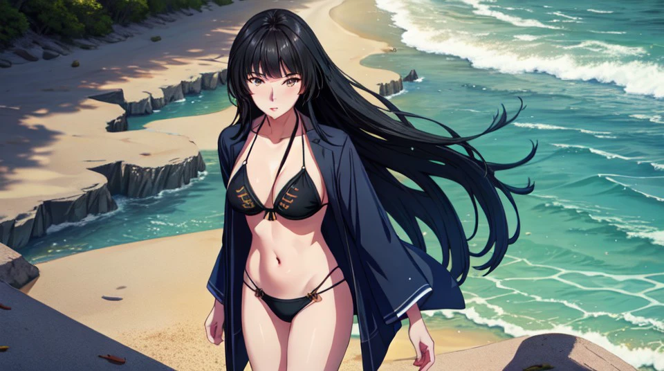 best quality, one girl, mature, standing, beach, <lora:add_detail:0.5> , masterpiece,top down view, <lora:Glassv1.1:0.6>, black bikini, looking at viewer, long hair
