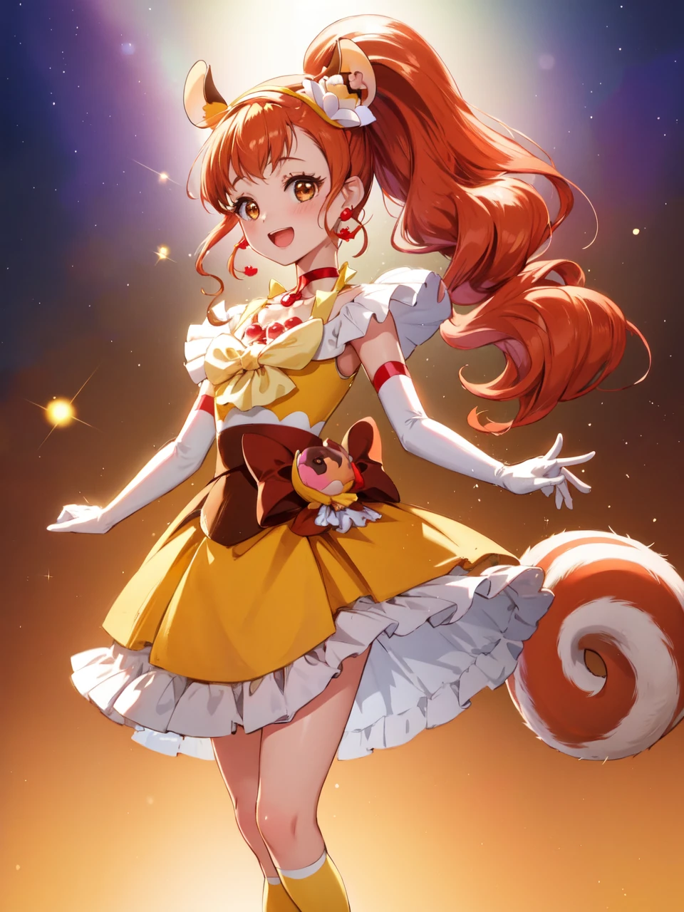 masterpiece, best quality, looking at viewer, depth of field, standing, full body,open mouth,
1girl, <lora:locon_cure_custard_01:0.95>, cure custard, high ponytail, squirrel tail, hair ornament, hairband, squirrel ears, elbow gloves, kneehighs, choker, porch, earrings, 
smile, ((gradient background)), lens flare,