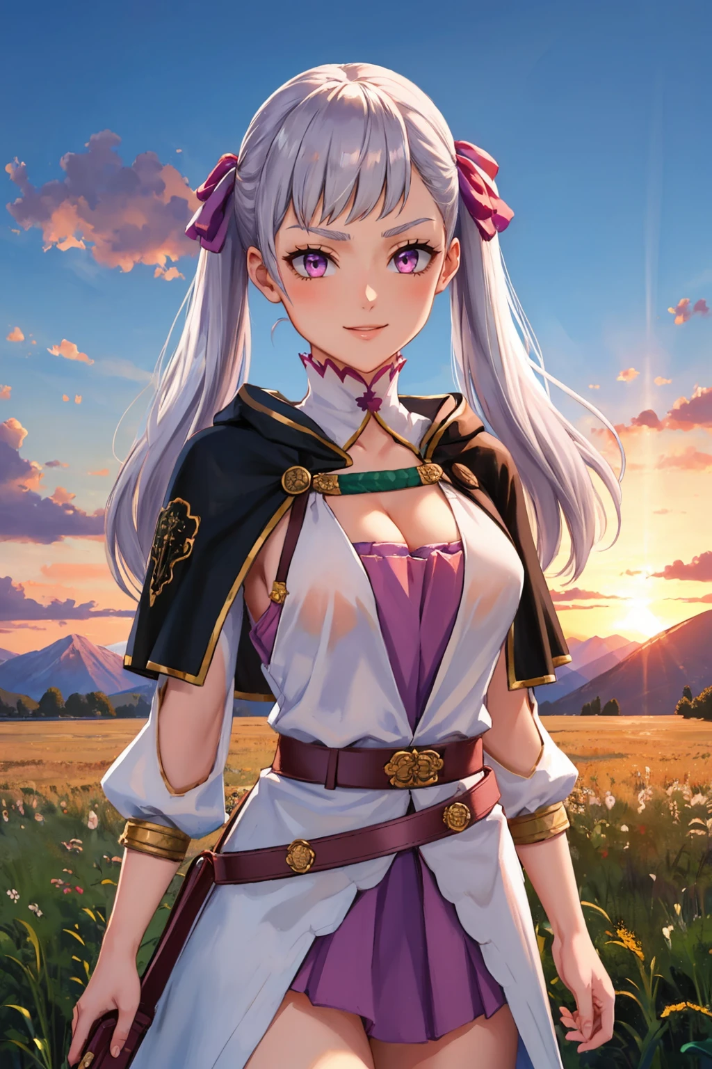 masterpiece, best quality, <lora:noellesilva-nvwls-v1-000009:0.9> noelle silva, twintails, hair ribbon, black capelet, green strap, cleavage, white and purple dress, long sleeves, belt, large breasts, smile, furrowed brow, field, sky, clouds, mountains, sunset