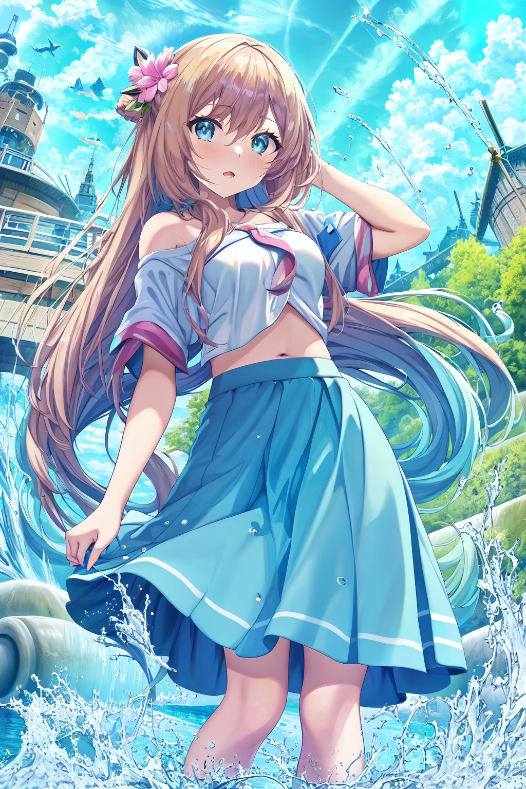 (masterpiece:1.1),hi-res,4k,extremely delicate and beautiful art,pastel color,anime,beautiful detailed eyes,1 anime girl,standing in the river,(long skirt:1.3),lift the skirt by self,water splash,wind,blue sky with clouds,bare midriff,long hair,dutch angle,cute fashion,barefoot,(from below_0.6)