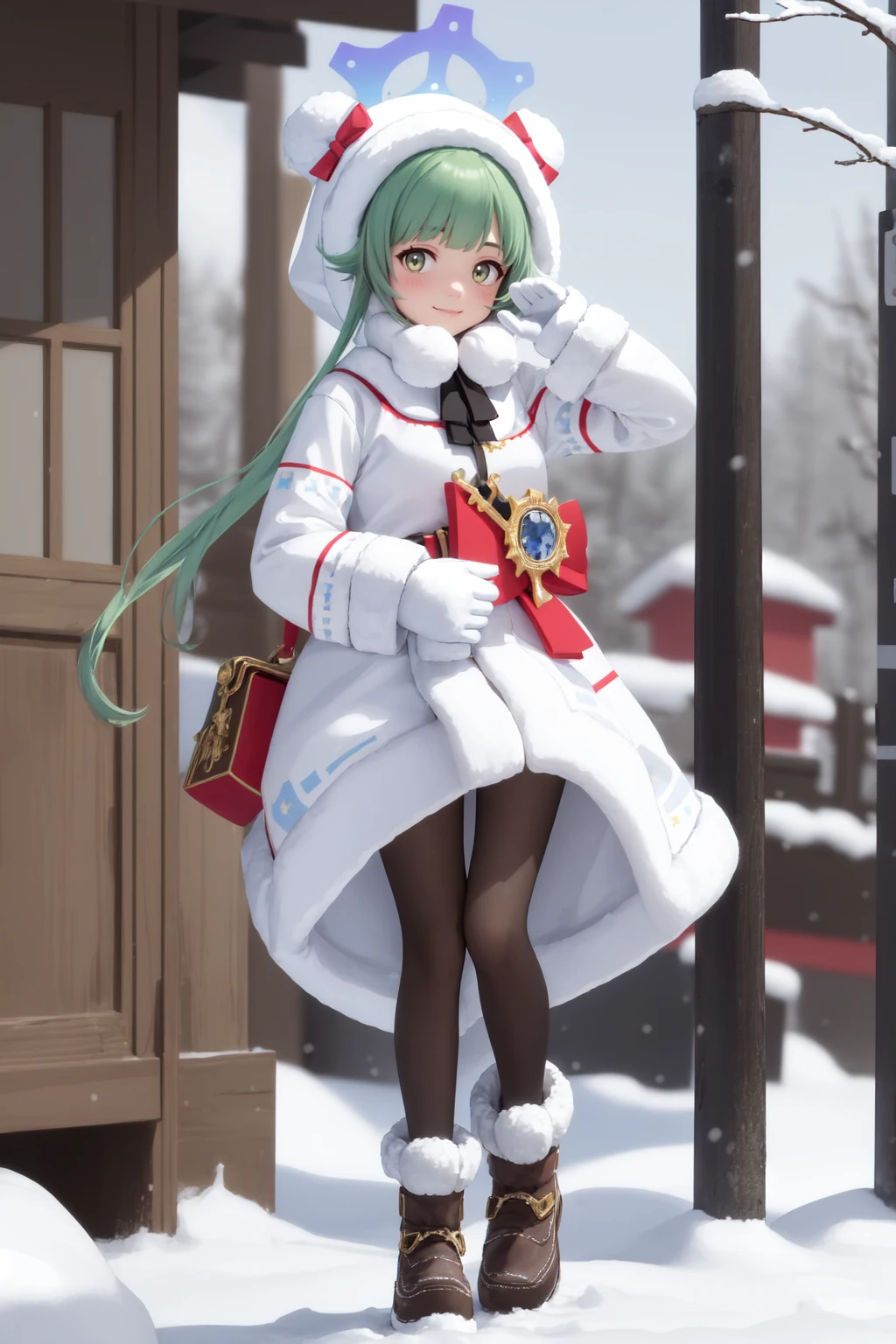 (masterpiece:1.3), (absurdres:1.3), (best quality:1.3), 1girl, looking at viewer, smile, outdoors, snow, full body, paw pose, <lora:momijifi-000011:1>, momijifi, halo, hood, fur trim, animal hood, winter clothes, white coat, gloves, fur-trimmed hood, fur-trimmed coat, pantyhose, fur-trimmed- sleeves, fur-trimmed capelet, fur-trimmed boots,