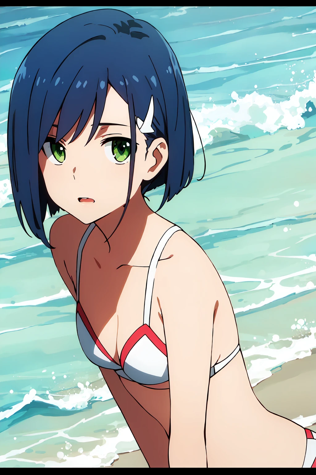 masterpiece, best quality, Seishirou Tsugumi, looking at viewer, Blue hair, red eyes color, large breasts, upper body, portrait, seductive smile, armpits, armpits visible, sweaty armpits, wearing shell bra, background on beach