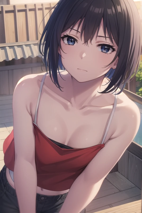 keikosanjou, <lora:keiko sanjou s1-lora-nochekaiser:1>,
keiko sanjou, short hair, black hair, (black eyes:1.5),
BREAK shorts, black shorts, camisole, bare shoulders, collarbone, (red camisole:1.5),
BREAK outdoors, shrine,
BREAK looking at viewer, (cowboy shot:1.5),
BREAK <lyco:GoodHands-beta2:1>, (masterpiece:1.2), best quality, high resolution, unity 8k wallpaper, (illustration:0.8), (beautiful detailed eyes:1.6), extremely detailed face, perfect lighting, extremely detailed CG, (perfect hands, perfect anatomy),