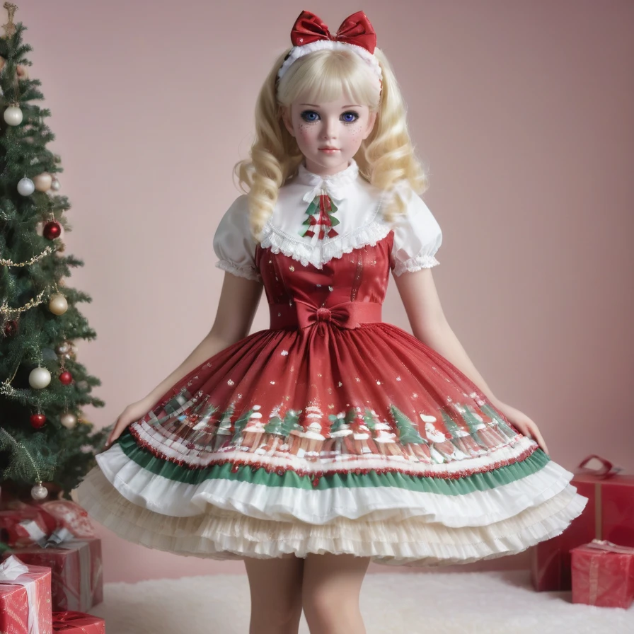 photorealistic, hyperdetailed photography, young blonde dolly wearing christmas sweetegl dress fluffy petticoat, christmas, plastic skin, artificial skin, <lora:sweetlolitaxl3.5-12:1.0>