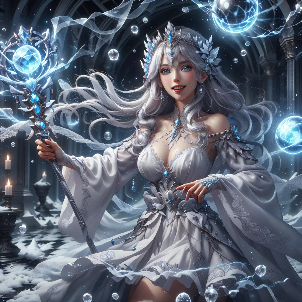 a detailed and realistic image of a cute queen, silver white hair, cryustal tiara, crystal blue eyes, happy laughing smile, wielding ice orbstaff, snow in background, HD, masterpiece, best quality, hyper detailed, ultra detailed, realistic<lora:1.5_Weapon_Orbstaff_-_By_HailoKnight:1> <lora:GoodHands-vanilla:0.7>