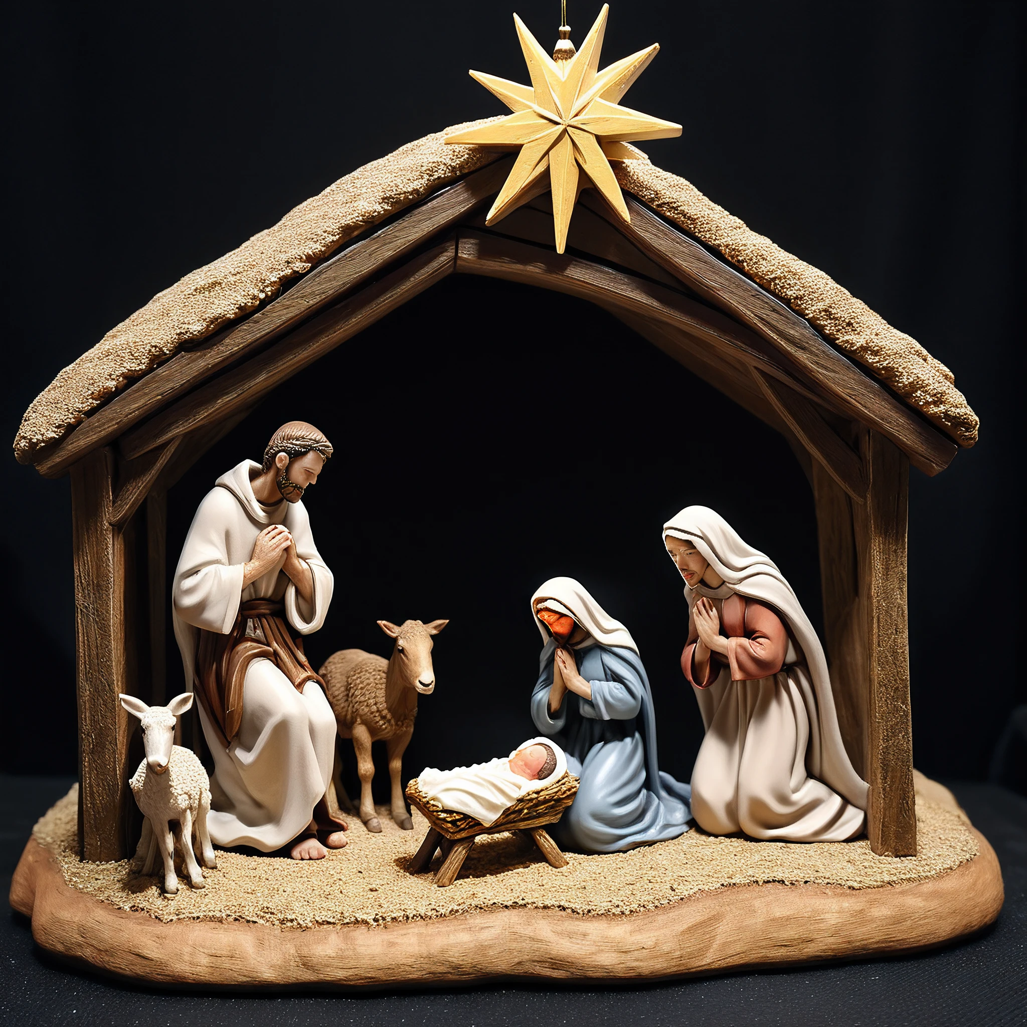 <lora:M1n14tur3_XL-000002:0.9>,photo of (M1n14tur3:1.1) ceramic sculpture of a Christmas night,close-up of the nativity scene of Mary and Joseph bending over their [newborn],stable with animals,under the sky of Bethlehem,moonlight,radiance illuminating the night,photo realistic,ornate,studio photograph,sitting on a wooden counter with a black cloth background,bokeh,tilt shift,super detailed,intricate,dramatic,shadows,beautiful,insane details,hyperdetailed,8k wallpaper,uhd,hdr,high contrast,