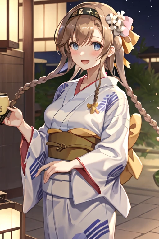 best quality, masterpiece, highres, solo, {yukata:1.40}, {kimono:1.20}, {teruzuki_kantaicollection:1.15}, long_hair, braid, twin_braids, headband, light_brown_hair, hair_ornament, brown_hair, propeller_hair_ornament, blue_eyes, breasts, blush, open_mouth, hachimaki, serafuku, grey_eyes, black_headband, smile, hairband