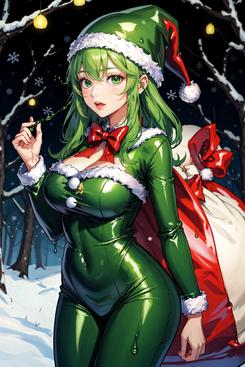 Woman in a green santa suit, christmas theme, slime dripping, green, trees,