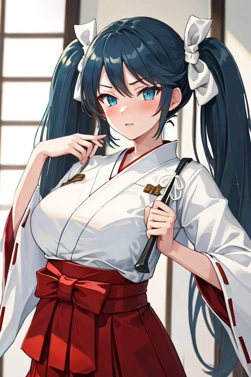 best quality, masterpiece, highres, solo, {white kimono:1.35}, {red hakama:1.35}, {wide sleeves:1.20}, {isuzu_kantaicollection:1.15}, long_hair, twintails, ribbon, breasts, hair_ribbon, blue_hair, large_breasts, blue_eyes, blush, green_eyes