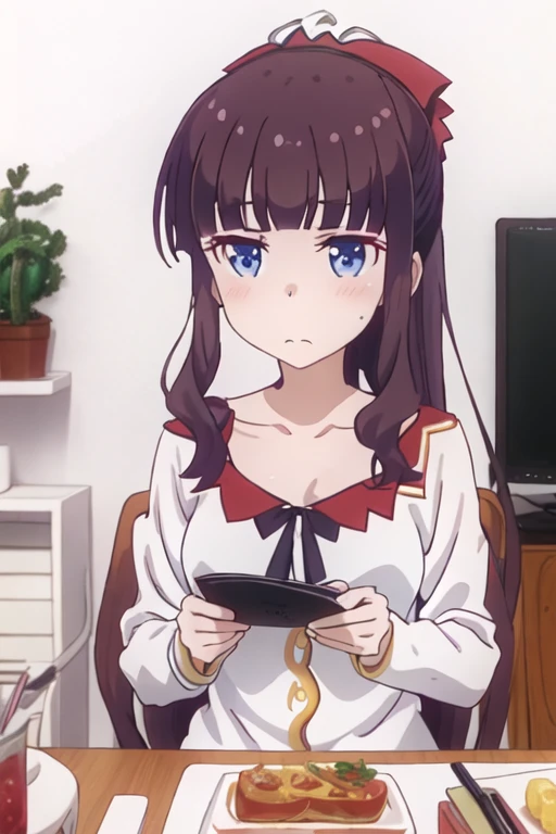 best quality, masterpiece, highres, solo, {takimoto_hifumi_newgame:1.15}, long_hair, bangs, blue_eyes, blunt_bangs, blush, ponytail, brown_hair, purple_hair, hair_bow, 1girl, collarbone, sidelocks, anime_coloring, portrait, closed_mouth, indoors, blurry, blurry_background
