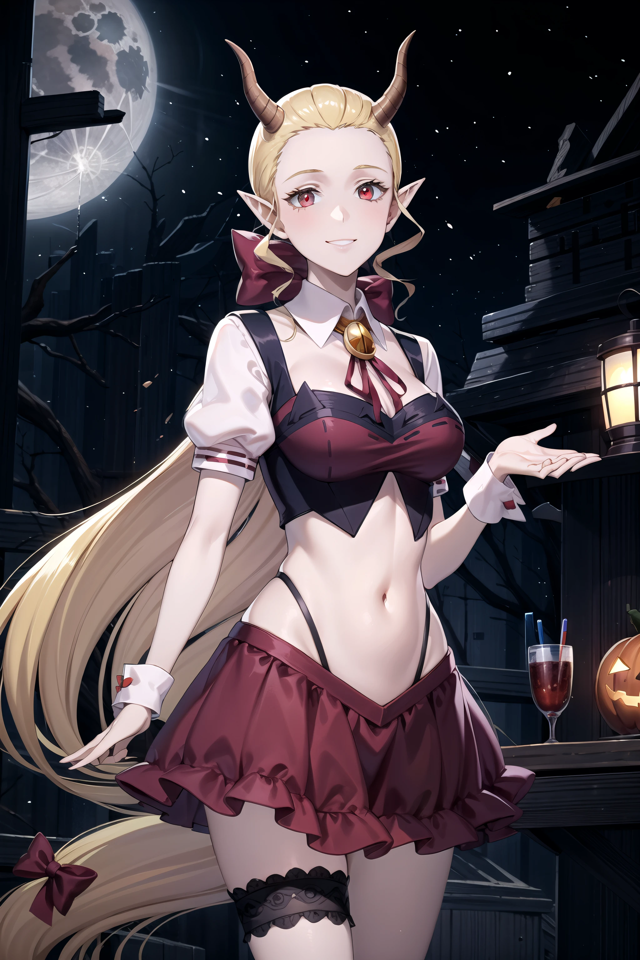 best quality, masterpiece, detailed,
<lora:MairimashitaIrumaKun_IxElizabetta:0.8>, ix elizabetta,
light smile, glowing eyes,
blonde hair, very long hair, ponytail, red eyes, horns, pointy ears, hair bow,
IxSchoolUniform, brooch, bridal garter, red skirt, navel, puffy sleeves,
standing, looking at the viewer,
halloween, red tree, lamp, moon, night, outdoors, <lora:night-r:0.3>