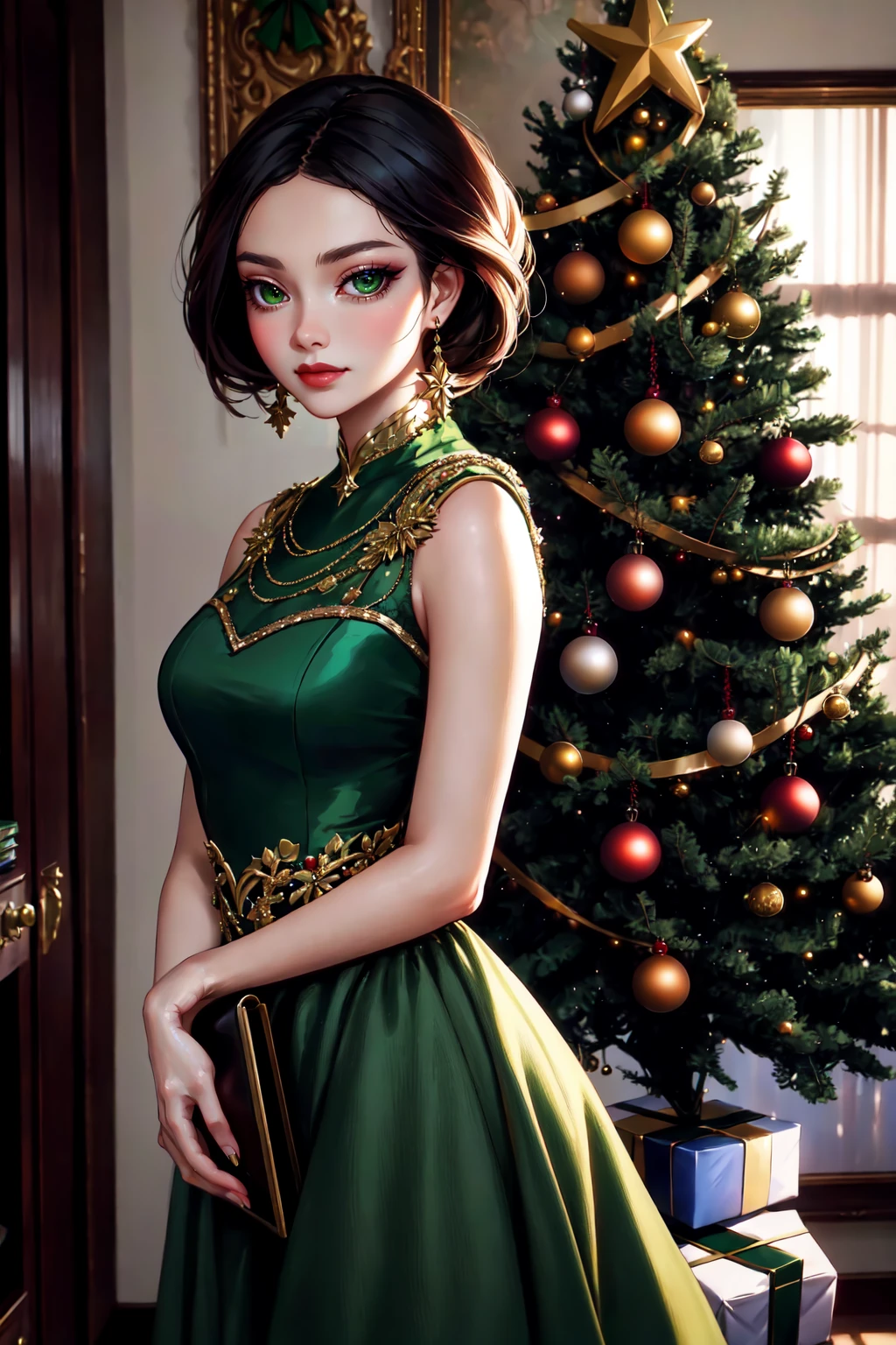 an african lady in a green dress poses by a christmas tree, in the style of sandara tang, glamorous hollywood portraits, candid moments captured, bold yet graceful, firmin baes, nene thomas, pop-culture-infused