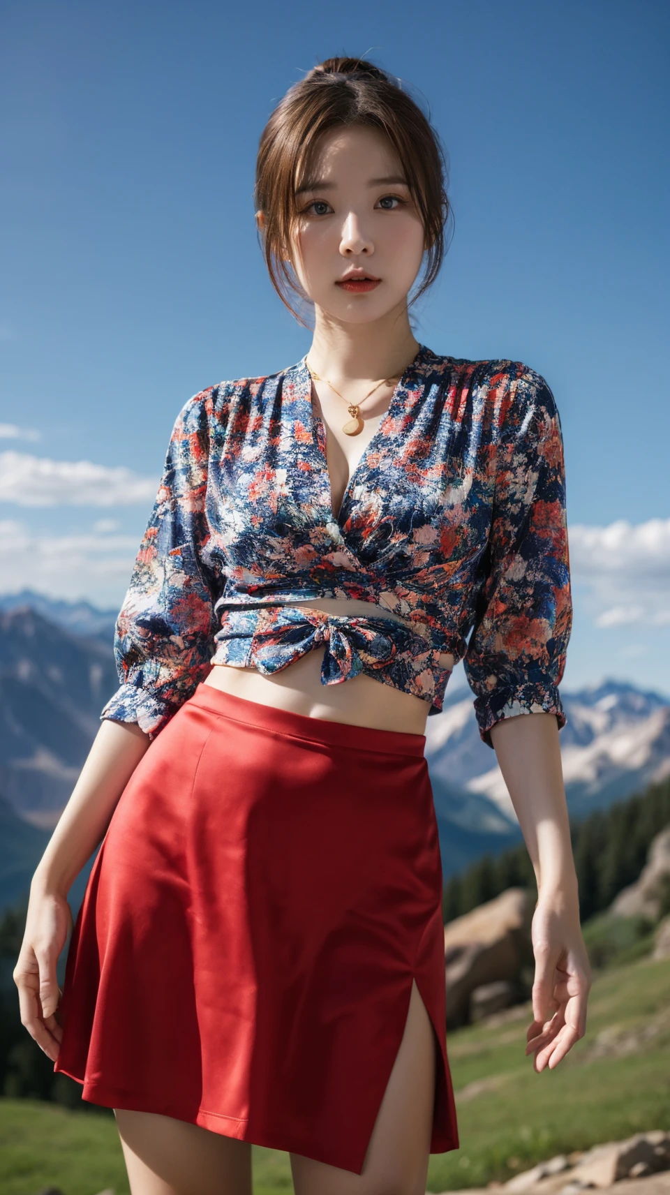 best quality,HDR,UHD,8K,Vivid Colors,solo,front view,photo_(medium),(1girl:1.3),(looking at viewer:1.4),ponytail,
<lora:add_detail:0.5>,standing,outside,sky,mountain,flower,<lora:rc10:0.75>,rc,side cutout,red skirt,