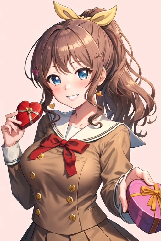 best quality, masterpiece, highres, solo, {yamabuki_saaya_bangdream:1.15}, blue_eyes, brown_hair, ribbon, bangs, ponytail, sidelocks, hair_ribbon, smile, blush, yellow_ribbon, long_hair, 1girl, box, gift, gift_box, hanasakigawa_school_uniform, holding, holding_gift, long_sleeves, looking_at_viewer, pink_background, sailor_collar, school_uniform, valentine, white_sailor_collar, heart, red_ribbon, breasts, brown_dress, double-breasted, dress, heart-shaped_box, medium_breasts, neck_ribbon, sailor_dress, buttons, upper_body