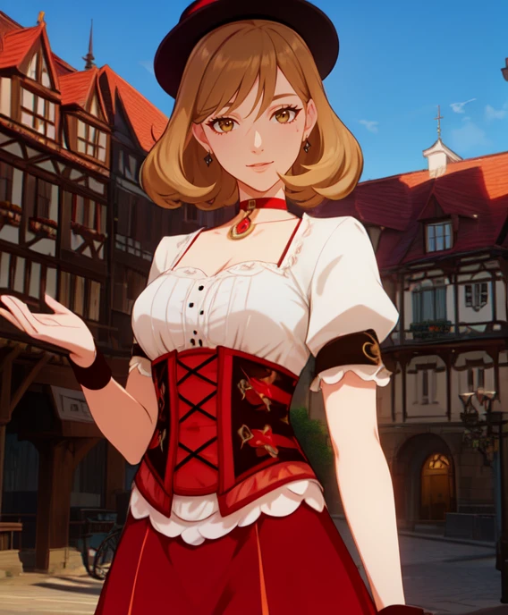 (masterpiece, best quality, ultra-detailed, best shadow), (detailed background,dark fantasy), (beautiful detailed face), (best illumination, an extremely delicate and beautiful), ((cinematic light)), colorful, hyper detail, dramatic light, intricate details, (depth) of (field), <lora:MargaretNPC:0.8> margaret, brown_hair, puffy_sleeves, bangs, corset, hat, , brown_eyes, smile, choker, red_skirt, wind, german_buildings, happy