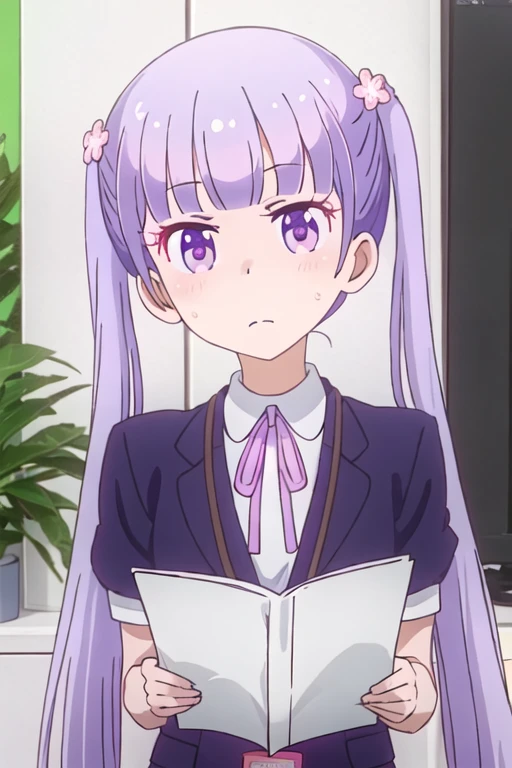 best quality, masterpiece, highres, solo, {suzukaze_aoba_newgame:1.15}, purple_hair, long_hair, twintails, purple_eyes, hair_ornament, flower, hair_flower, blush, ribbon, bangs, neck_ribbon, 1girl, formal, pink_ribbon, suit, upper_body