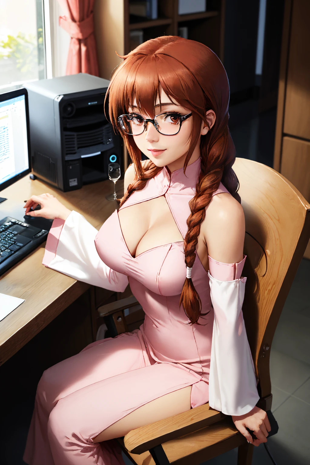 (masterpiece, best quality:1.2), solo, 1girl, matsu, smile, looking at viewer, sitting, chair, twin braids, glasses, pink dress, cleavage cutout, detached sleeves, side slit, computer, keyboard \(computer\) <lora:sekirei_matsu-16:1>