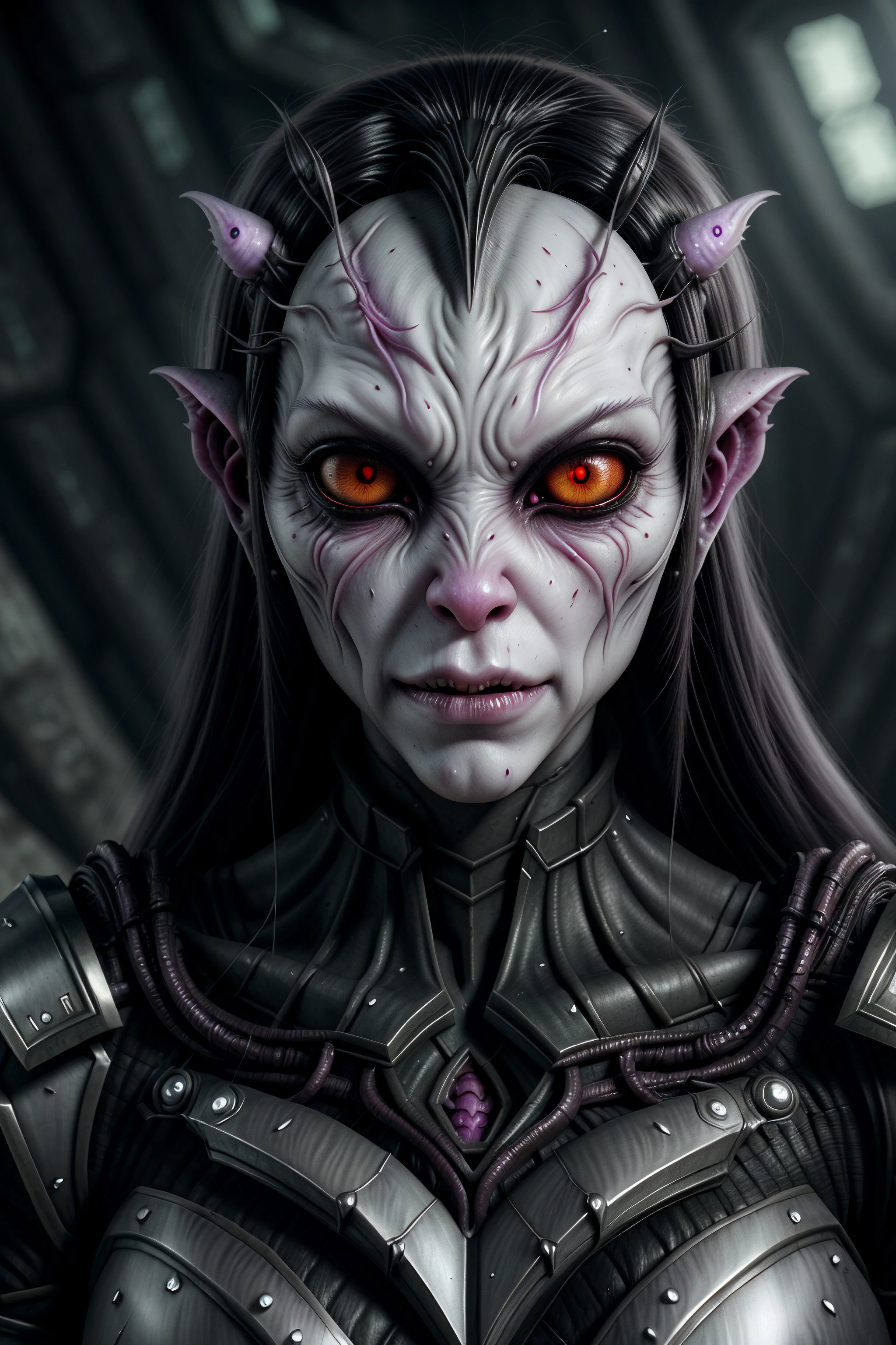 In avatar form, Kairon takes on an even more imposing and powerful appearance, maintaining their Tiefling characteristics, but with a draconic twist. His skin is red with black veins that seem to pulse with energy.. Silver plates reinforce areas of the body such as the forearms, chest and legs, reflecting a cold, supernatural light. Your long hair, flowing like an untamed mane, keeps the color dark, but with reflections that seem to sparkle like metal in the light. Amethyst stones float around her head, forming a mystical crown that emanates an aura of gravitational power. His eyes glow brightly with electrical energy, as blue currents run through his horns and arms, crackling in the air with a latent force. The shadows around you seem to come to life, moving in a subtle and disturbing way. Kairon, In this form, is the personification of a draconic prince, young and powerful, with the majesty of dragons expressed in every detail of their appearance.
