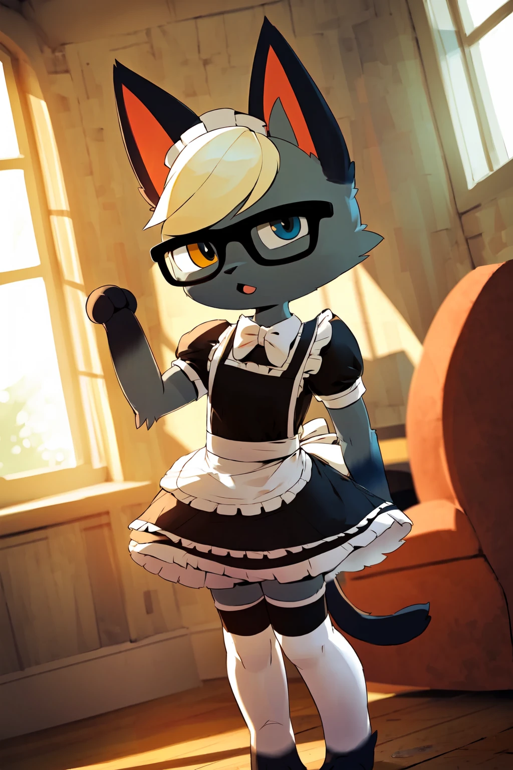 raymond, 1boy, solo, by bikupan, straight-on, dutch angle, full body, standing, heterochromia, :<, blank expression, (detailed eyes, furry, grey fur:1.3), cat ears, (maid, maid apron, black dress, white thighhighs, puffy short sleeves, white bowtie, detailed clothes:1.15), glasses, cat tail, looking at viewer, arms up, (detailed fur, body fur:1.3), open mouth, blonde hair, animal nose, detailed background, living room, furniture, 8k, hdr <lora:raymondAC:1>