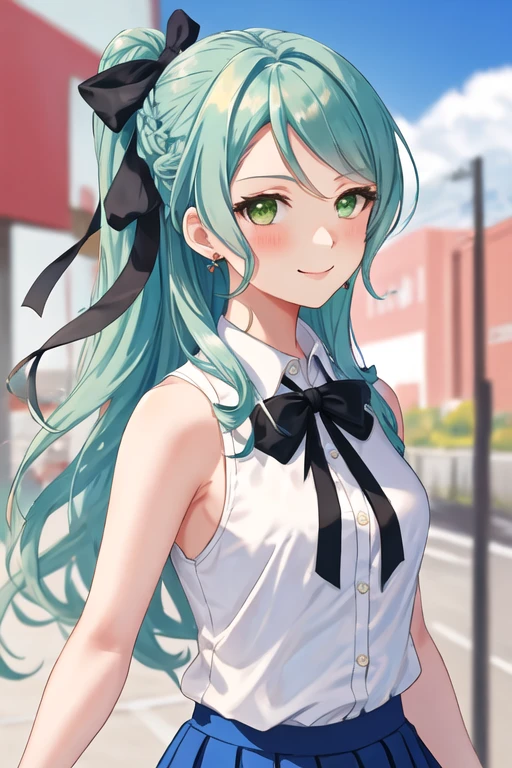 best quality, masterpiece, highres, solo, {hikawa_sayo_bangdream:1.15}, green_eyes, aqua_hair, long_hair, bangs, blush, jewelry, 1girl, bow, hair_bow, looking_at_viewer, ribbon, shirt, sleeveless, black_ribbon, blurry, blurry_background, neck_ribbon, sleeveless_shirt, white_shirt, collared_shirt, day, smile, outdoors, skirt, sky, upper_body, bare_shoulders, blue_skirt, blue_sky, half_updo