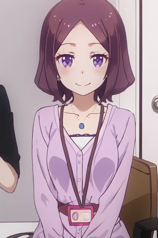 best quality, masterpiece, highres, solo, {tooyama_rin_newgame:1.15}, short_hair, brown_hair, purple_eyes, blush, purple_hair, smile