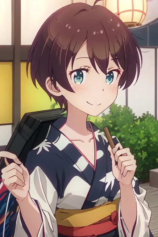 best quality, masterpiece, highres, solo, {yukata:1.40}, {kimono:1.20}, {shinoda_hajime_newgame:1.15}, brown_hair, short_hair, green_eyes, blush, collarbone, smile