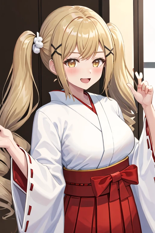 best quality, masterpiece, highres, solo, {white kimono:1.35}, {red hakama:1.35}, {wide sleeves:1.20}, {ichigaya_arisa_bangdream:1.15}, blonde_hair, long_hair, bangs, hair_ornament, blush, twintails, x_hair_ornament, yellow_eyes, sidelocks, open_mouth, brown_eyes, smile, breasts