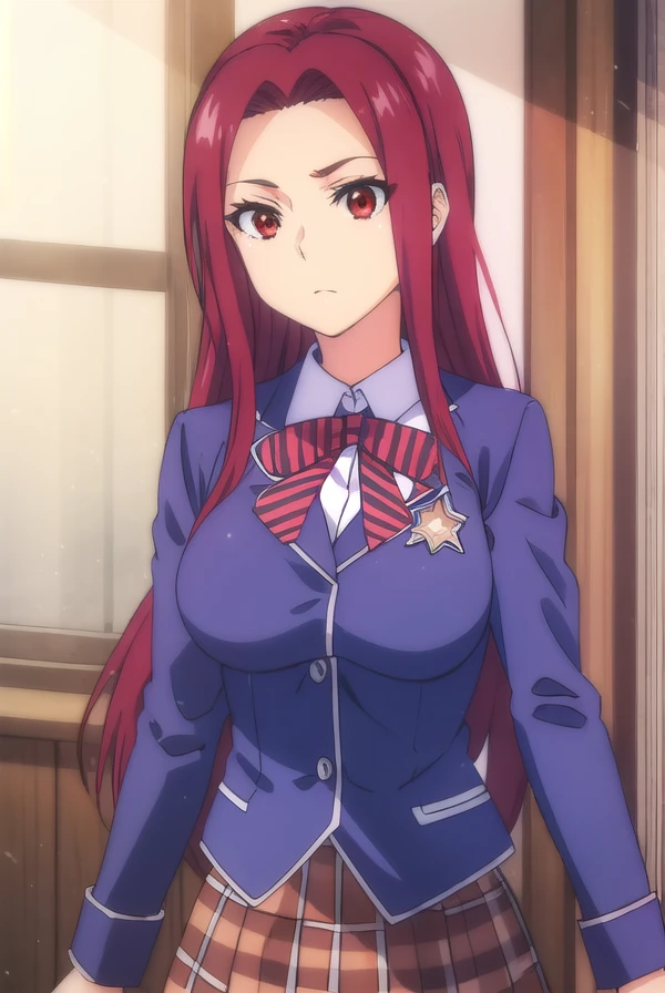 ryoukosakaki, <lora:ryouko sakaki s1-lora-nochekaiser:1>,
ryouko sakaki, long hair, (red eyes:1.3), red hair, (forehead:1.2),
BREAK bow, school uniform, striped, bowtie, blazer, striped bowtie, blue blazer, brown skirt, plaid skirt, plaid,
BREAK indoors, kitchen,
BREAK looking at viewer, (cowboy shot:1.5),
BREAK <lyco:GoodHands-beta2:1>, (masterpiece:1.2), best quality, high resolution, unity 8k wallpaper, (illustration:0.8), (beautiful detailed eyes:1.6), extremely detailed face, perfect lighting, extremely detailed CG, (perfect hands, perfect anatomy),