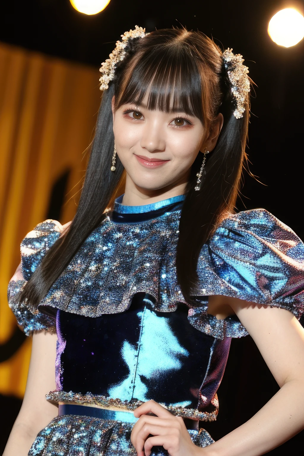 masterpiece,beautiful,extremely detailed,finely detailed,exquisite,(ultra high res),(8k UHD best quality), (realistic, photo-realistic:1.37), depth_of,blurry_background, photo_inset,Dramatic lighting,reference_inset,photo_background,photorealistic,looking_at_viewer,1girl,detailed skin,shiny skin,stage,(((upper body))),ouka <lora:ouka suenaga:1>