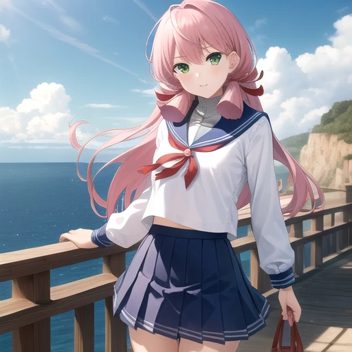 ((masterpiece)),(best quality),official art,extremely detailed CG,unity 8k wallpaper,ultra detailed,A lighthouse on a cliff by the sea,1girl,solo,cowboy shot,long_hair,tress_ribbon,green_eyes,pink_hair,thighhighs,serafuku,white shirt,hair_ribbon,blue_skirt,hip_vent,pleated_skirt,long_sleeves,looking_at_viewer,blue_sailor_collar,headband,<lora:Akashi(kan)>,