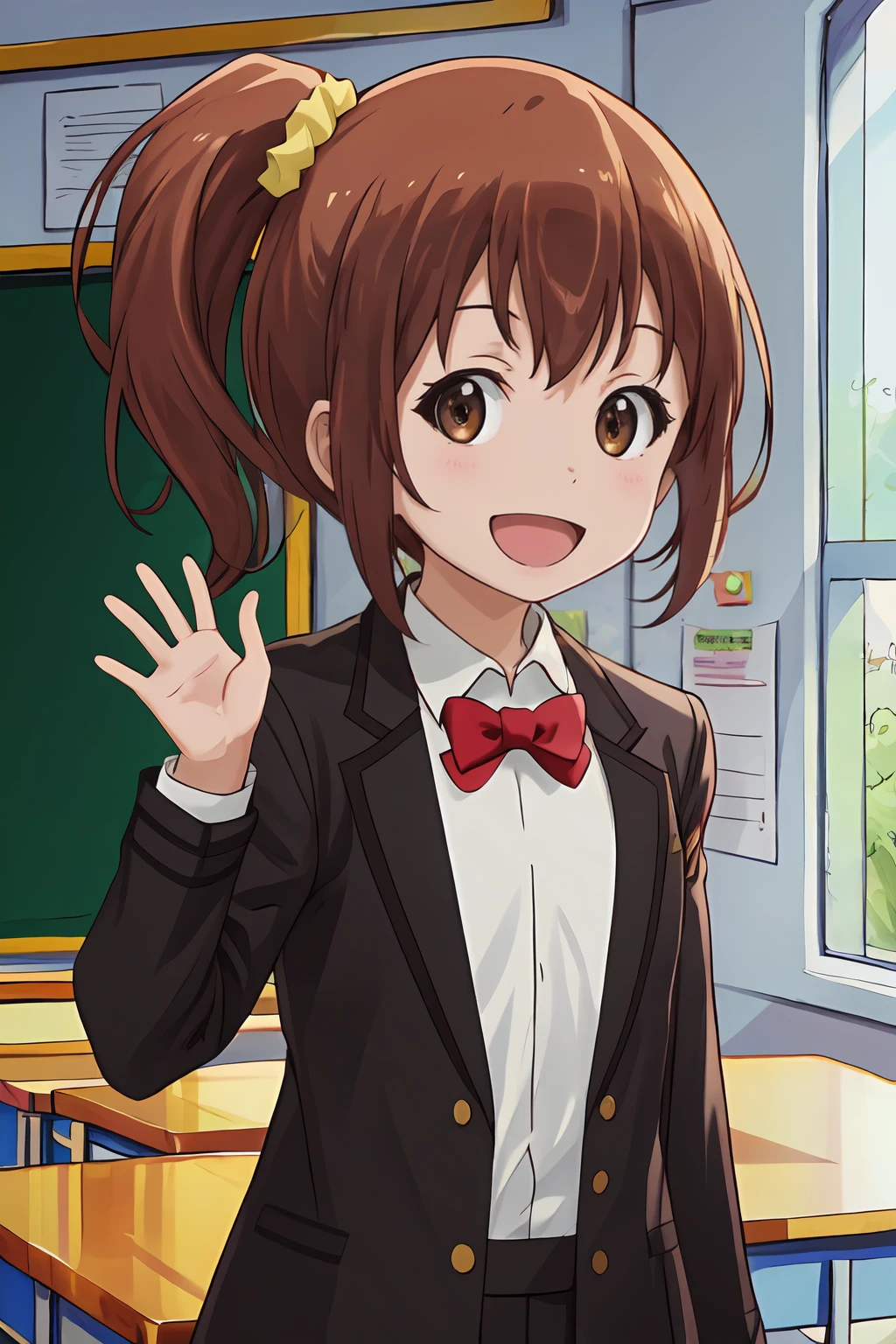 (masterpiece, best quality:1.2), highres, 1girl, solo, smile, open mouth, :d,
Kanakana_V1, brown hair, short hair, side ponytail, brown eyes, hair ornament, yellow scrunchie,
school uniform, blazer, jacket, long sleeves, white shirt, red bowtie,
standing, hand up,
indoors, school, looking at viewer, upper body,
<lora:add_detail_CyberAlchemist:0.4>, <lora:GoodHands-beta2:0.8>, <lora:KanakanaV1_1-000026:0.9>