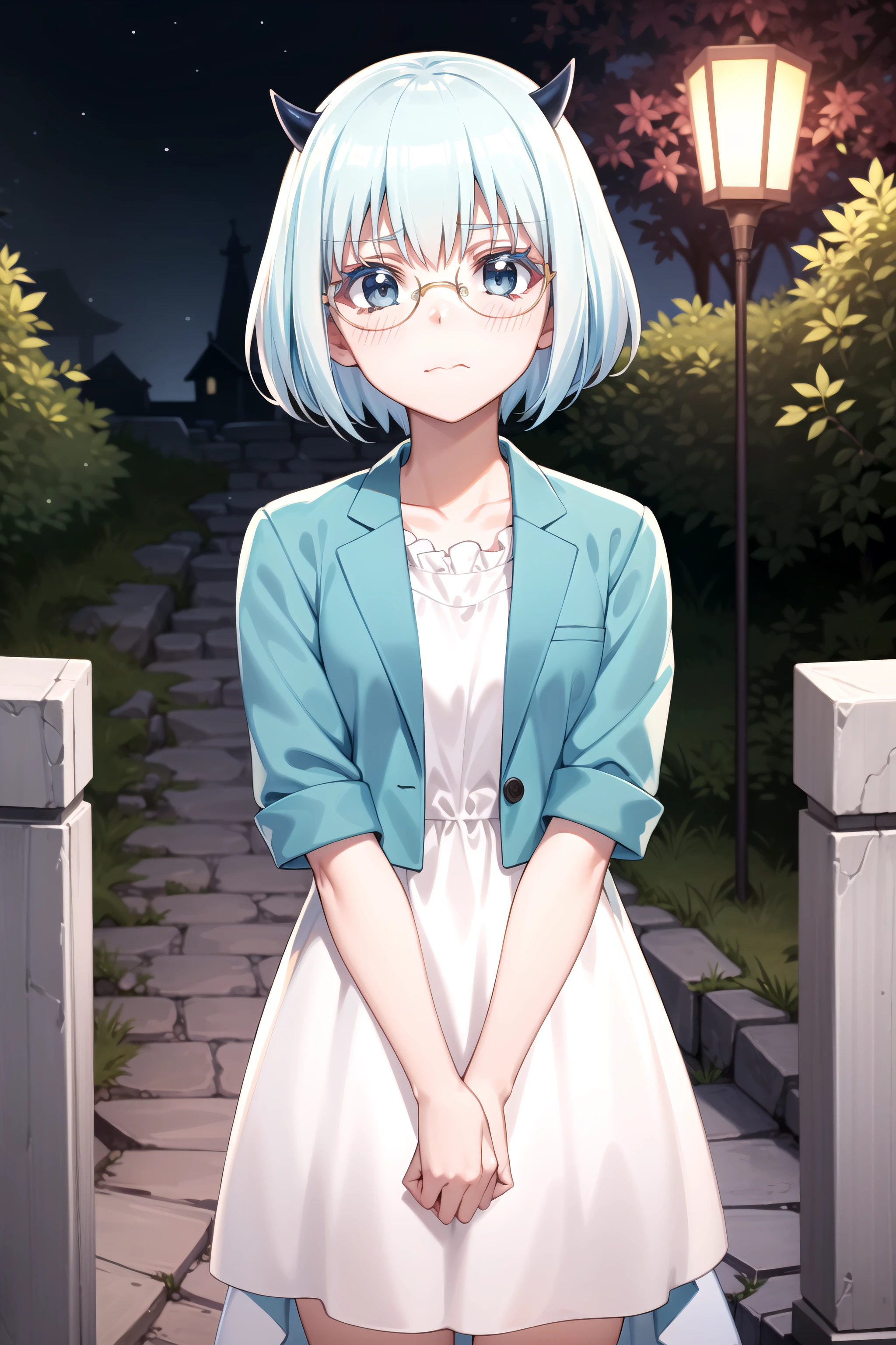 best quality, masterpiece, detailed,
<lora:MairimashitaIrumaKun_CrocellKerori:0.8>, Crocell Kerori,
closed mouth, light blush, wavy mouth,
light blue hair, short hair, blue eyes, horns, round eyewear,
KeroriCasual, grey dress, blue jacket, open jacket, short sleeves,
standing, looking at the viewer,
stone, lamp, nature, red tree, outdoors, night
