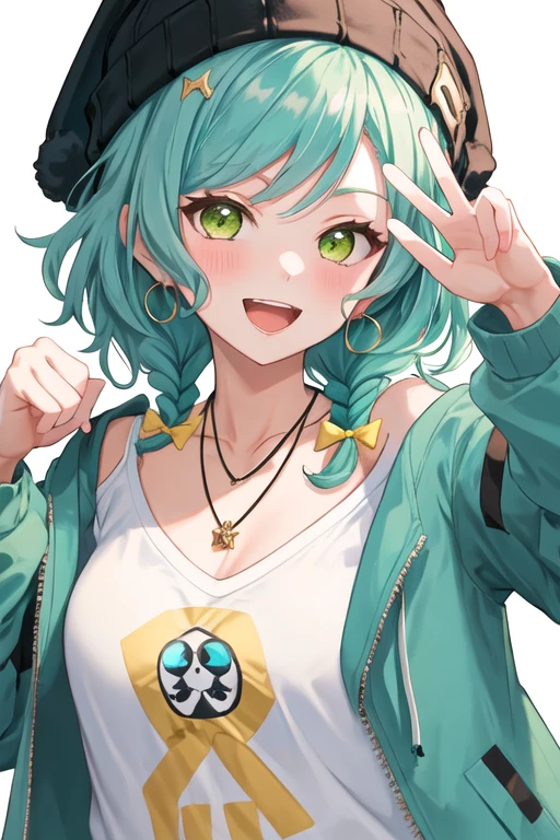 best quality, masterpiece, highres, solo, {hikawa_hina_bangdream:1.15}, aqua_hair, green_eyes, short_hair, smile, bow, braid, blush, hair_bow, side_braids, twin_braids, open_mouth, bangs, 1girl, collarbone, jacket, looking_at_viewer, shirt, simple_background, upper_body, white_background, white_shirt, yellow_bow, beanie, green_jacket, hat, pendant