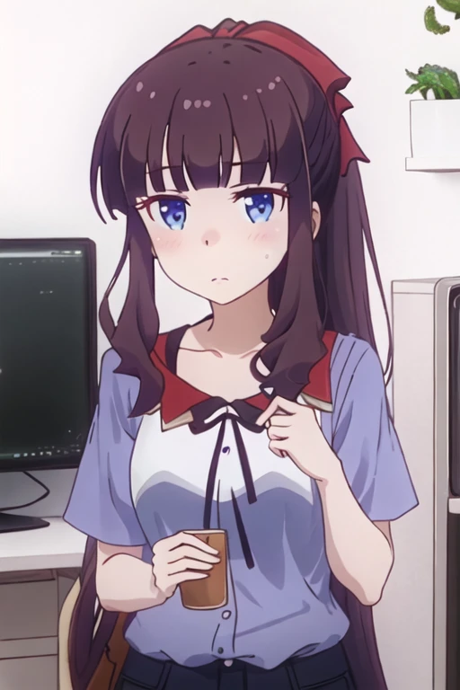 best quality, masterpiece, highres, solo, {takimoto_hifumi_newgame:1.15}, long_hair, bangs, blue_eyes, blunt_bangs, blush, ponytail, brown_hair, purple_hair, hair_bow