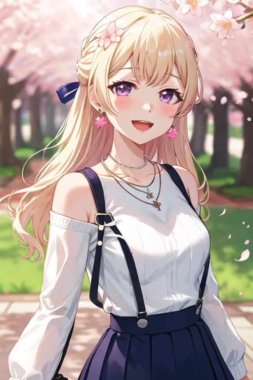 best quality, masterpiece, highres, solo, {shirasagi_chisato_bangdream:1.15}, blonde_hair, bangs, long_hair, purple_eyes, blush, smile, half_updo, ribbon, jewelry, 1girl, cherry_blossoms, looking_at_viewer, open_mouth, outdoors, :d, blue_shirt, day, long_sleeves, petals, shirt, blurry, flower, necklace, skirt, sweater, blue_sweater, pink_flower, pink_skirt, shoulder_cutout, suspenders, upper_body