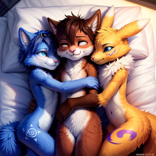 ((trio)),foxovh, by the miniscule task, by photonoko, by totesfleich8, cuddling, spooning, safe, laying on bed, simple background, interspecies, dark lighting, detailed fur, detailed fluff, size difference, straight, an Matejko, Ross Tran, Denis Sarazhin, uploaded to e621, explict content, (fluffy fur texture),
BREAK
(Krystal), Blue fur, Anthro, large body,
BREAK
(SuperBolinha2), brown fur, male, naked, raised tail, long tail, tail between legs, arms in front, arm around,
BREAK
(renamon), female, naked, raised tail, long tail, tail between legs, arms in front, arm around,
BREAK